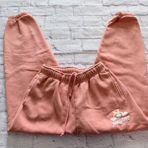 Playboy by PacSun Joggers XS | Peach Fleece Oversized Rainbow Logo